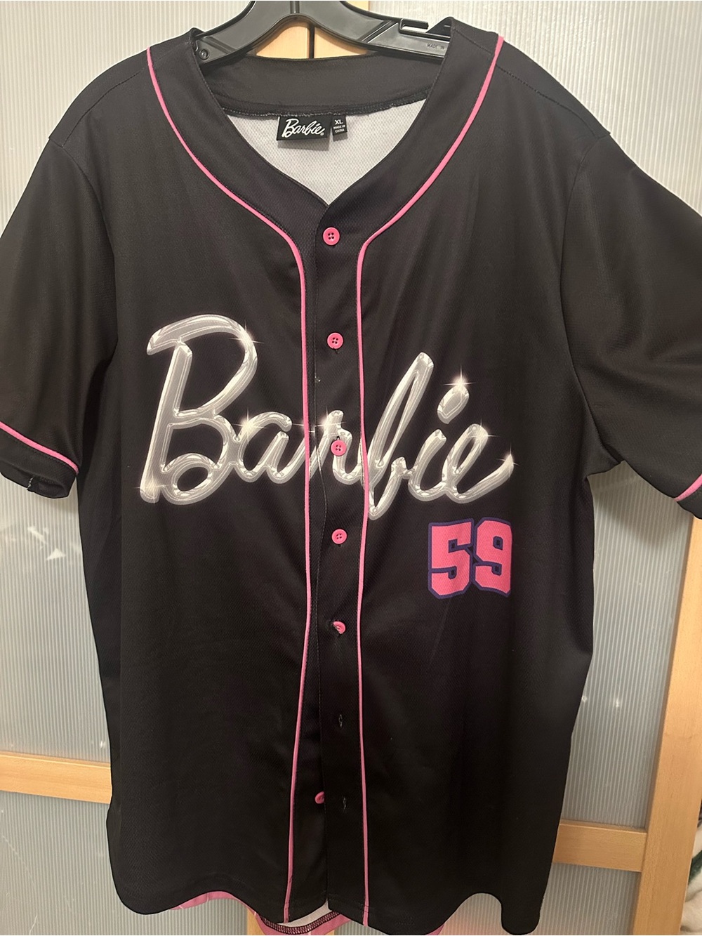 Barbie Black Jersey Top with Pink Trim and Silver Script